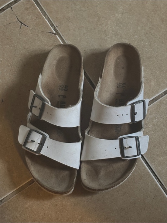 Birkenstock Shoes - Birkenstock White Double-Buckle Slide Sandals 40W